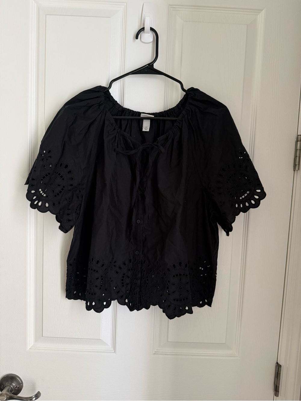 a new day Short-Sleeve Button-Front Eyelet Blouse Black XL